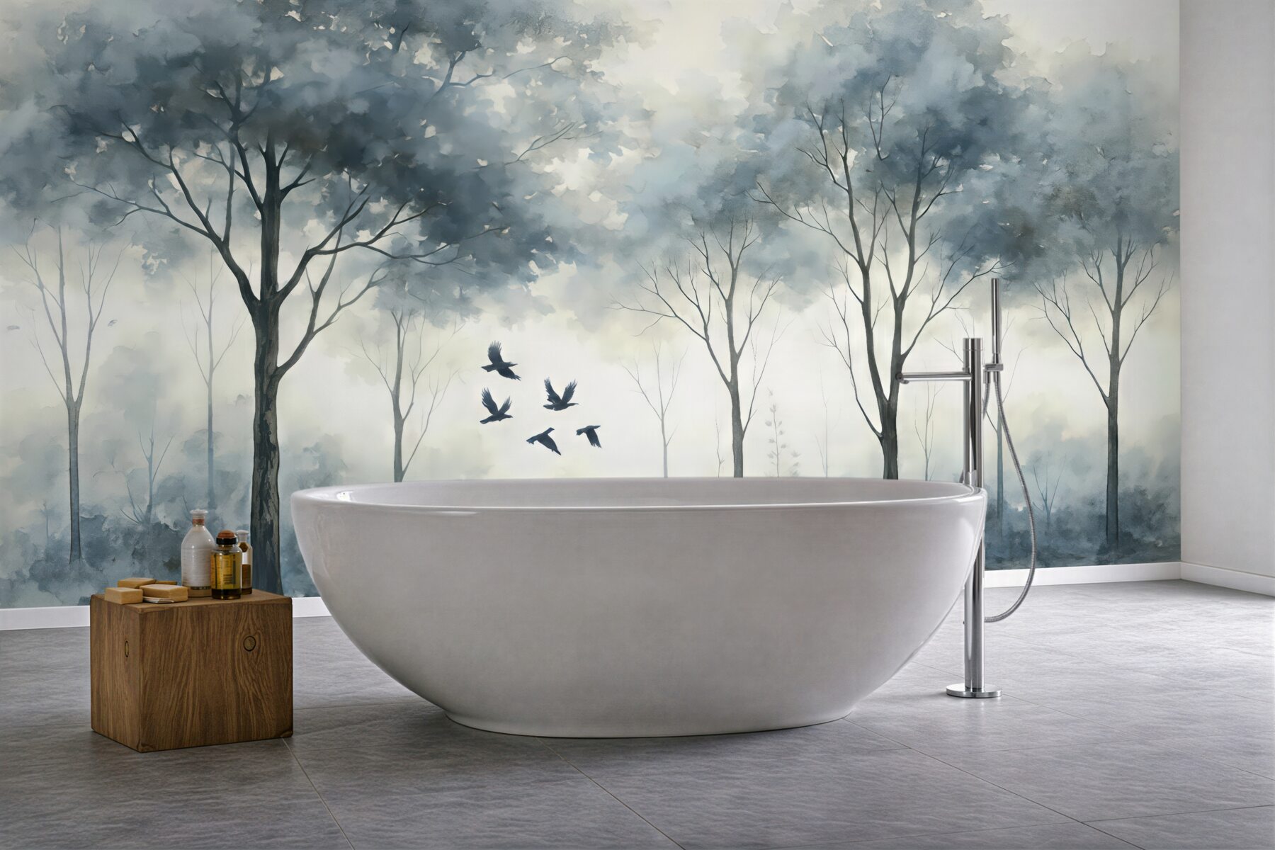 Fototapeta mglisty las z lecącymi ptakami