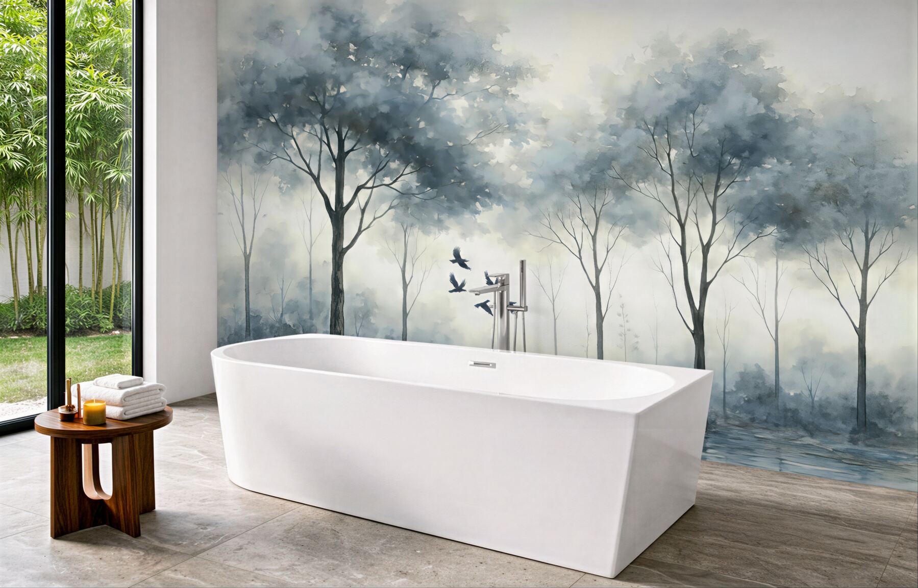 Fototapeta mglisty las z lecącymi ptakami