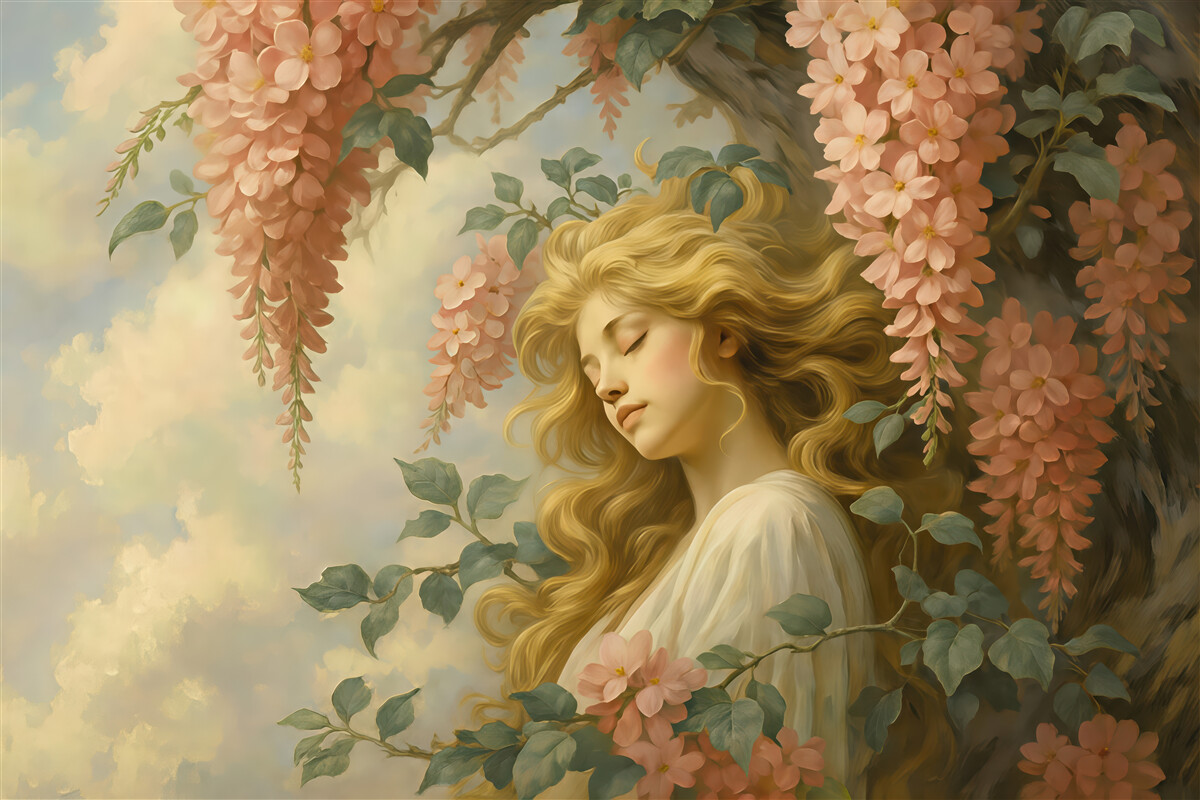 Fototapeta Abstrakcyjny obraz dziewczyny przy drzewie z kwiatami.