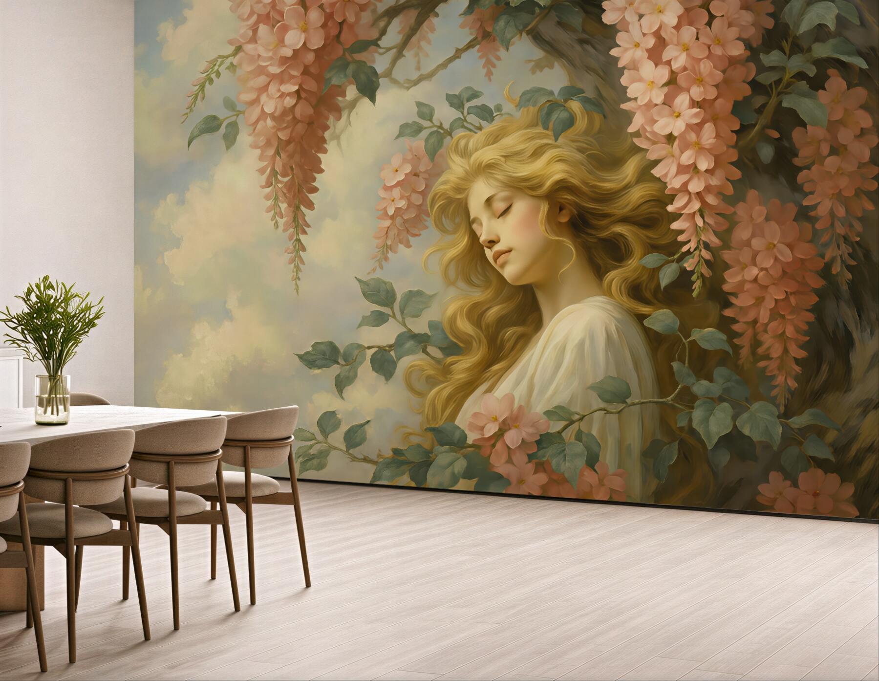 Fototapeta Abstrakcyjny obraz dziewczyny przy drzewie z kwiatami.