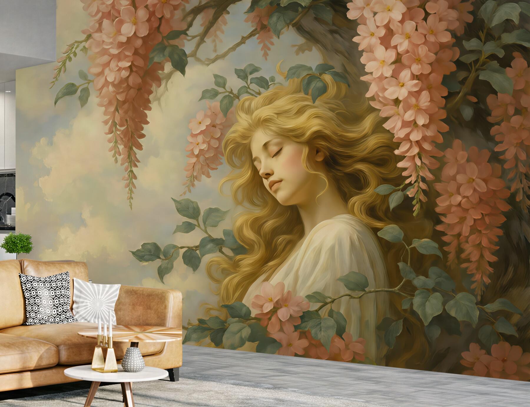 Fototapeta Abstrakcyjny obraz dziewczyny przy drzewie z kwiatami.