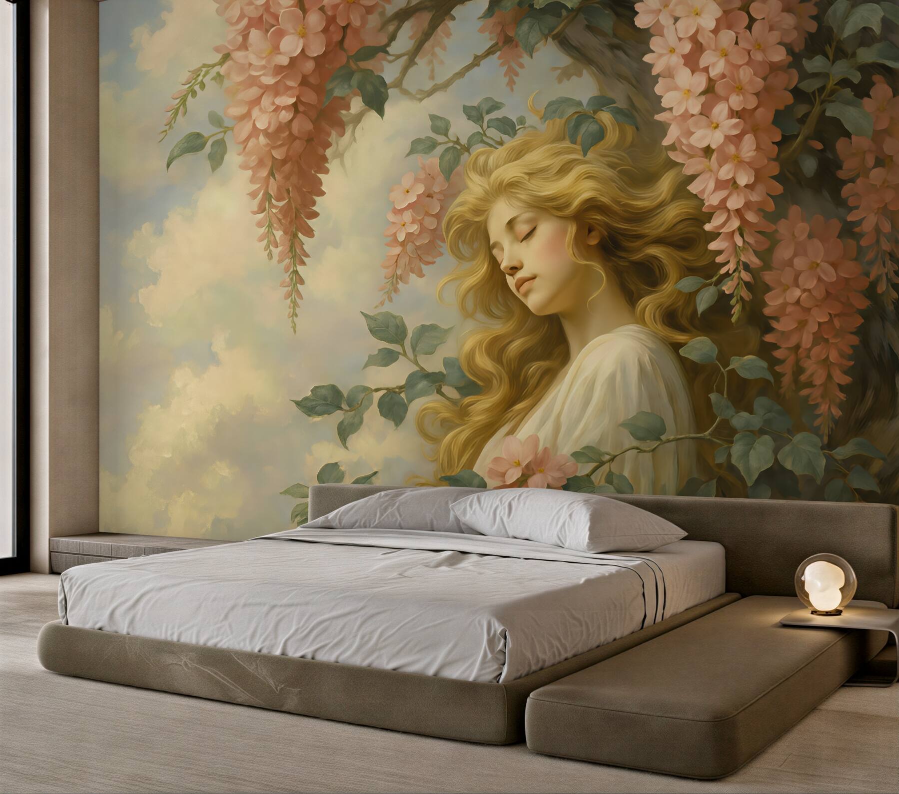 Fototapeta Abstrakcyjny obraz dziewczyny przy drzewie z kwiatami.