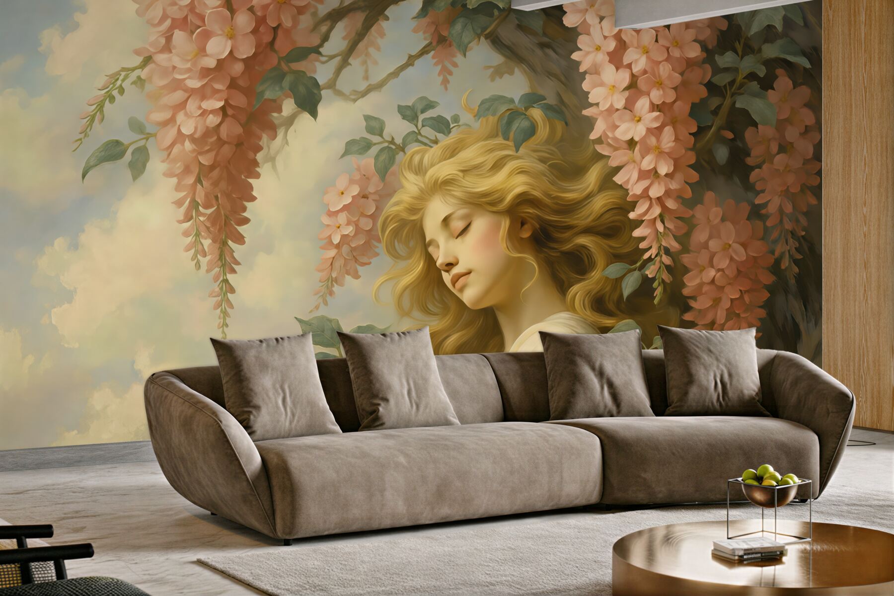 Fototapeta Abstrakcyjny obraz dziewczyny przy drzewie z kwiatami.