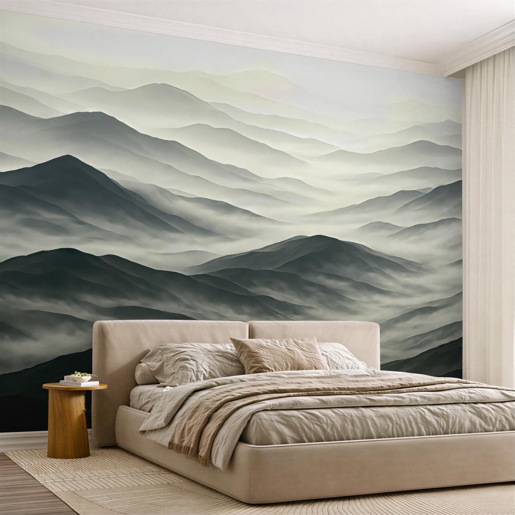 Fototapeta Mgła unosi się nad szczytami gór.