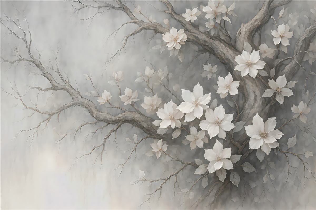 Fototapeta delikatne magnolie na szarych gałęziach