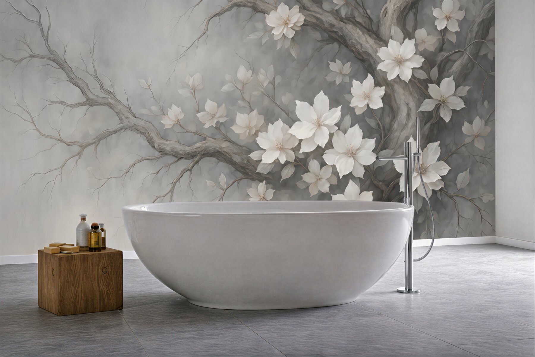 Fototapeta delikatne magnolie na szarych gałęziach