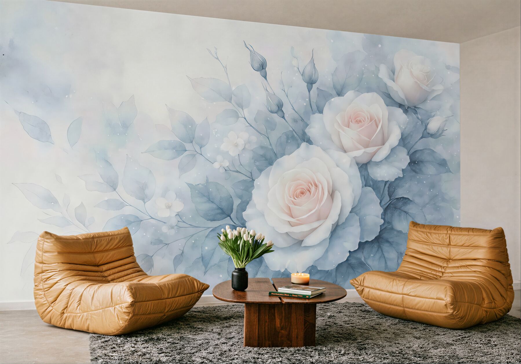 Fototapeta Subtelne brzoskwiniowe róże w tonacjach turkusu w stylu akwarelowym.