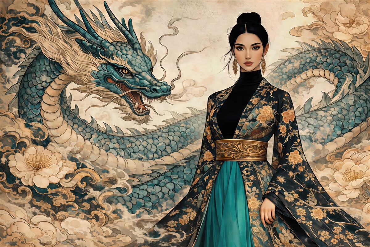 Fototapeta orientalna dama ze szmaragdowym smokiem