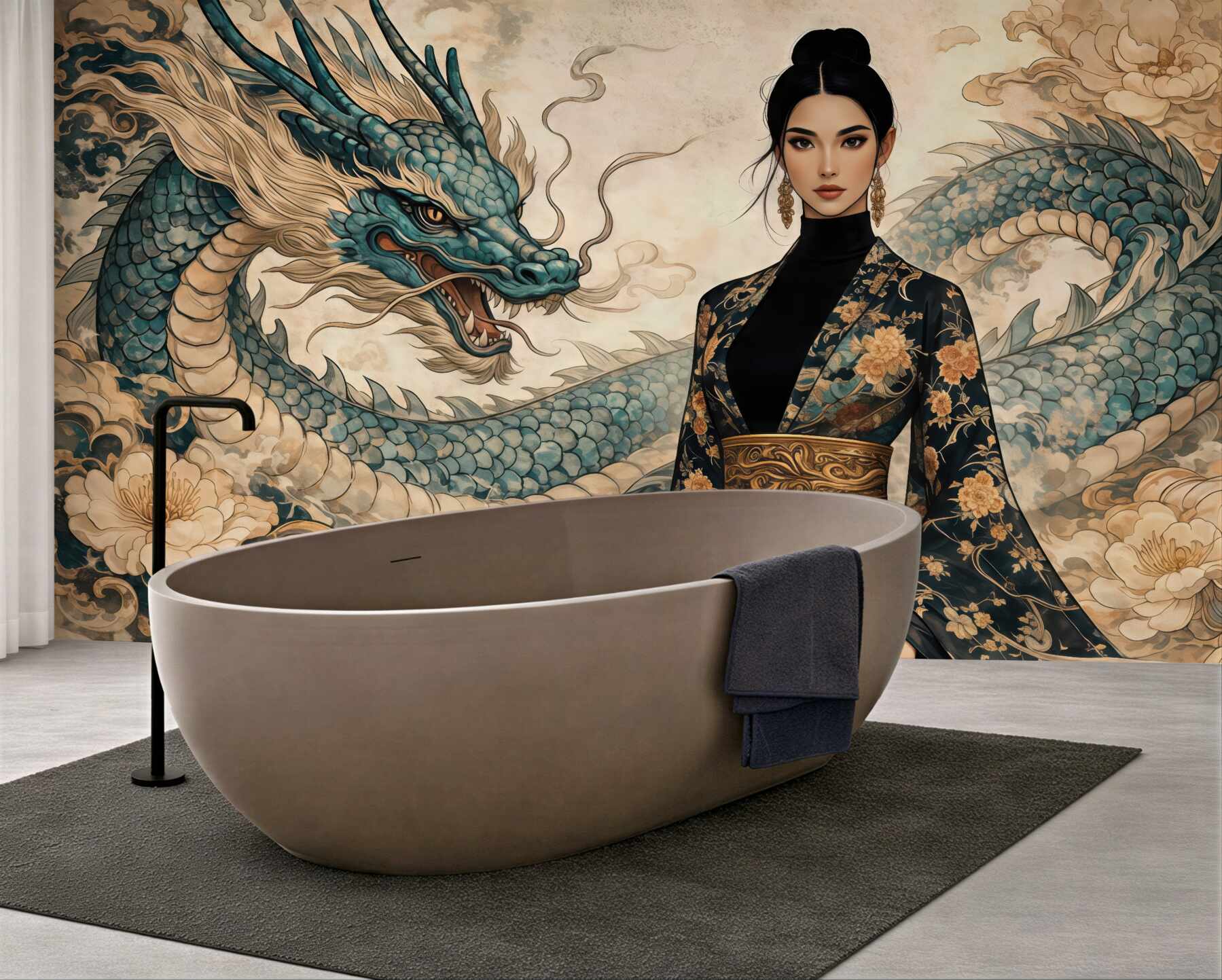 Fototapeta orientalna dama ze szmaragdowym smokiem