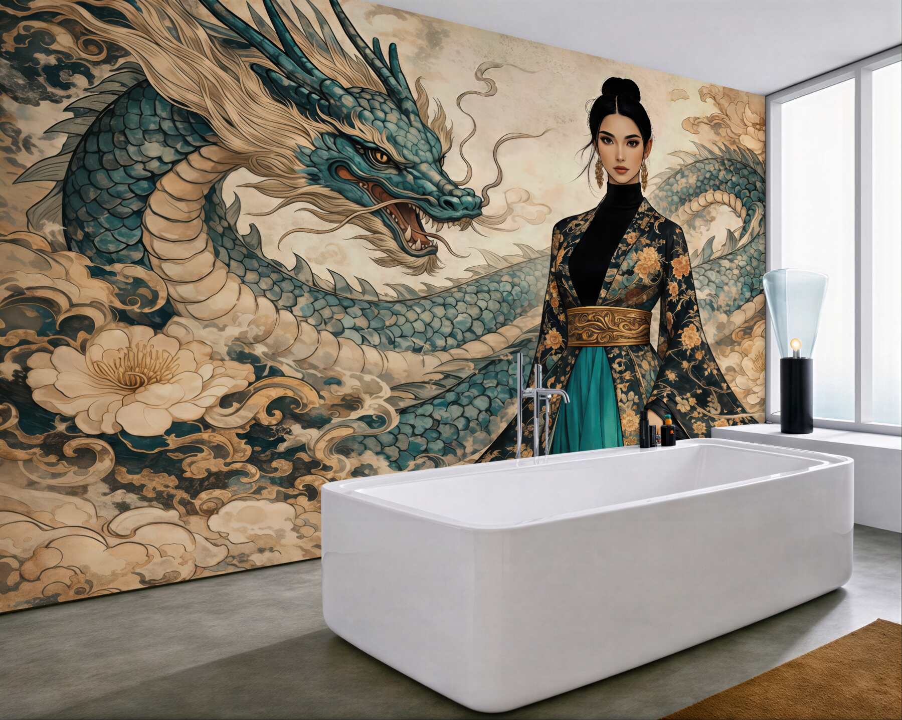 Fototapeta orientalna dama ze szmaragdowym smokiem