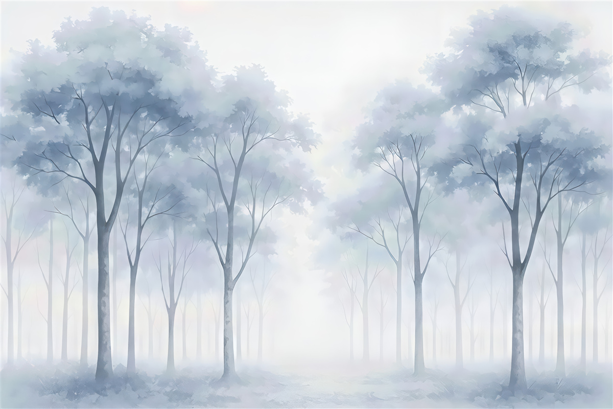 Fototapeta Sylwetki drzew przypominają mokrą akwarelę.