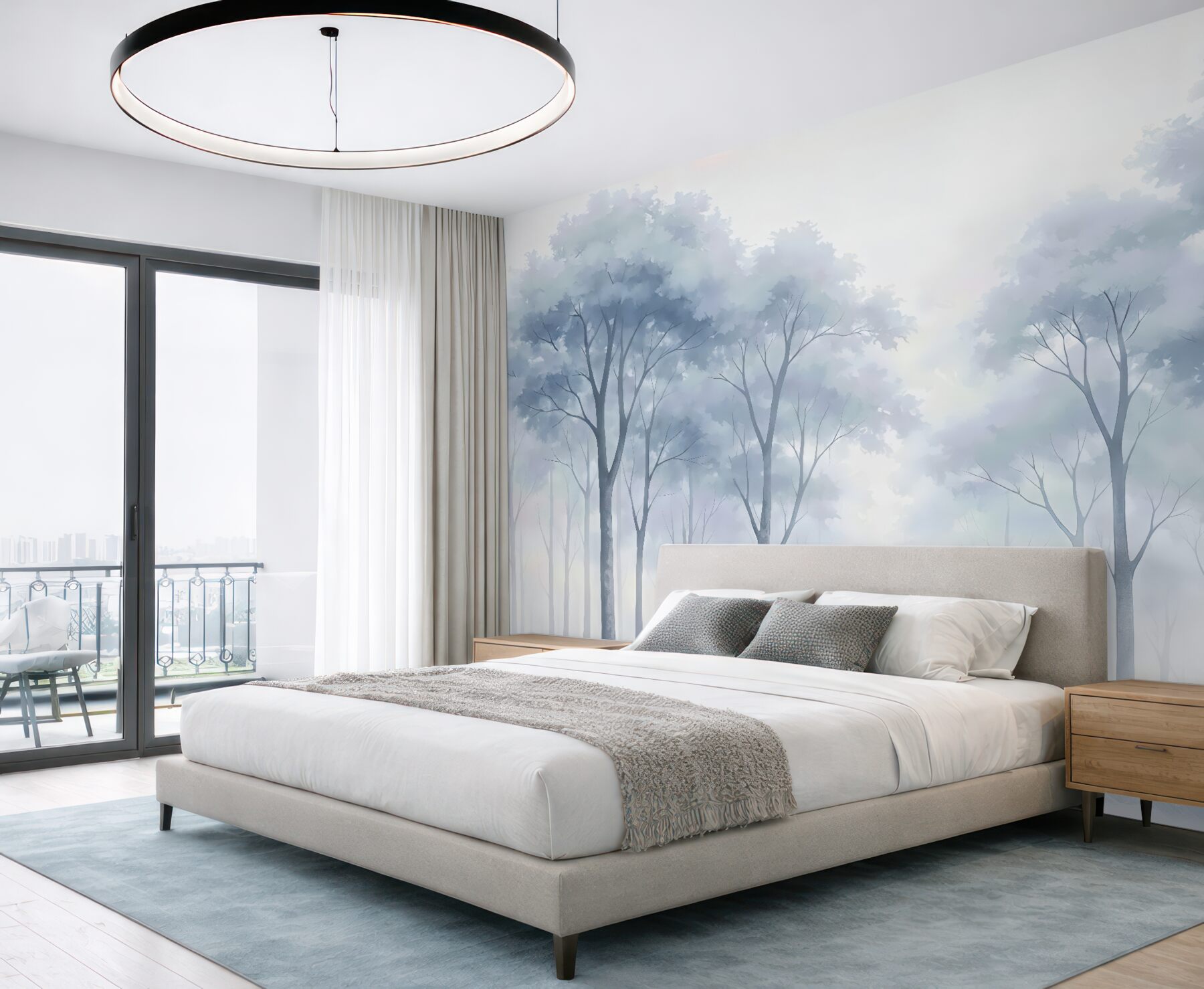 Fototapeta Sylwetki drzew przypominają mokrą akwarelę.