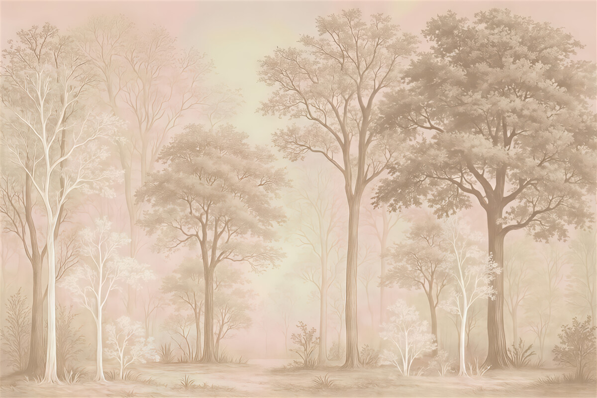 Fototapeta Lasy pełne drzew, prostota, środowisko, beżowe odcienie.