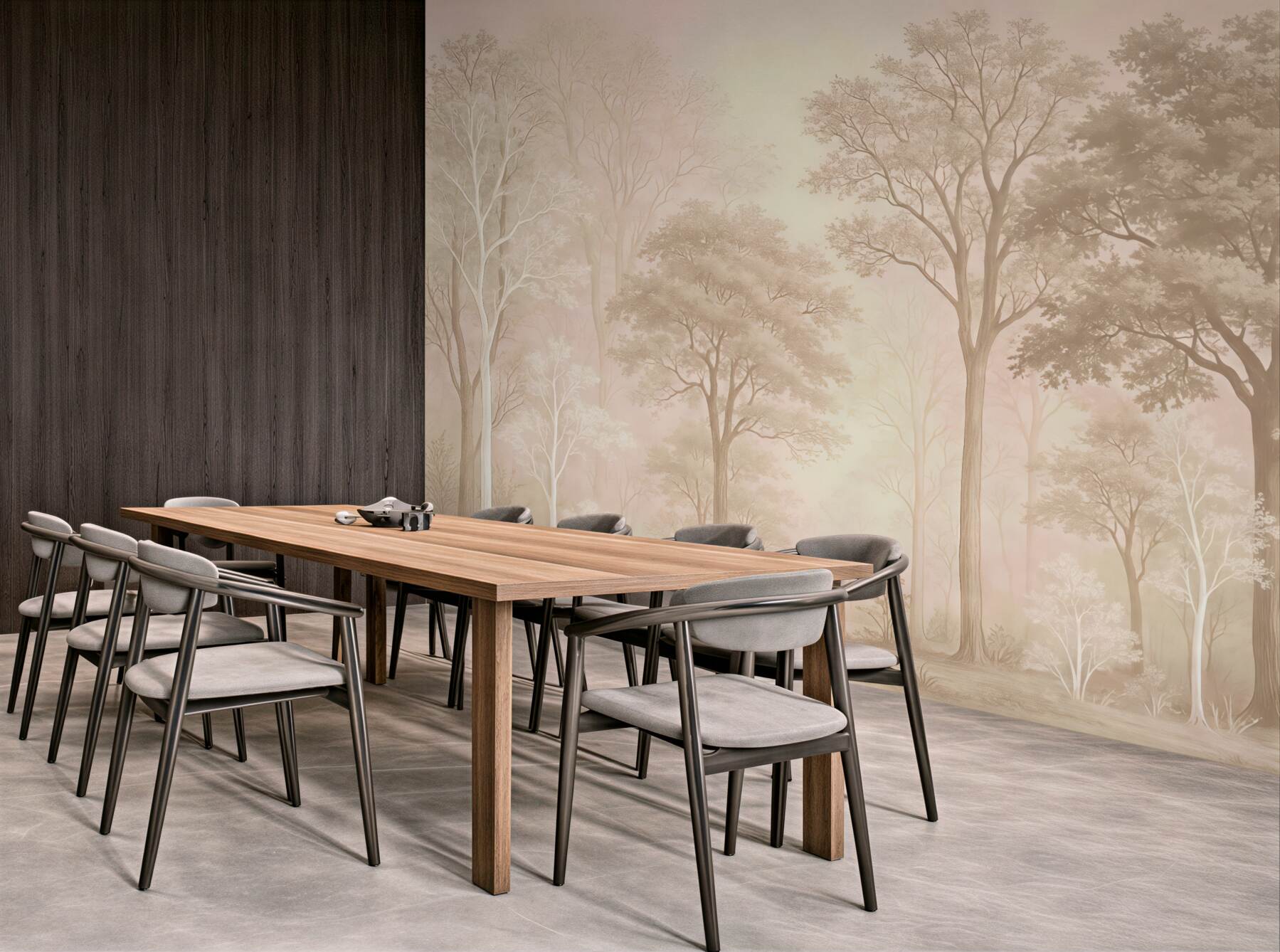 Fototapeta Lasy pełne drzew, prostota, środowisko, beżowe odcienie.