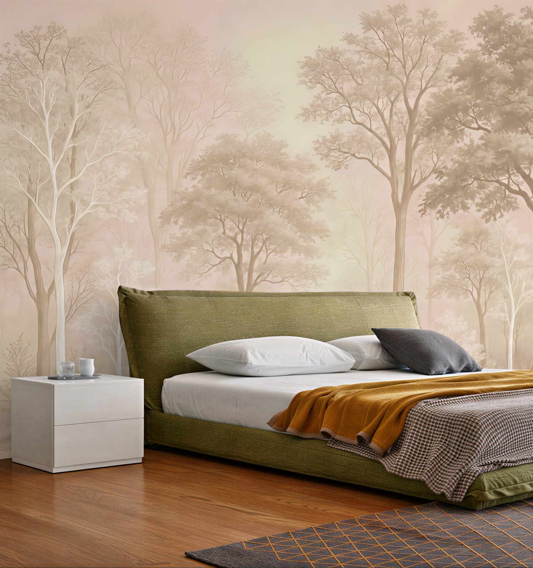 Fototapeta Lasy pełne drzew, prostota, środowisko, beżowe odcienie.