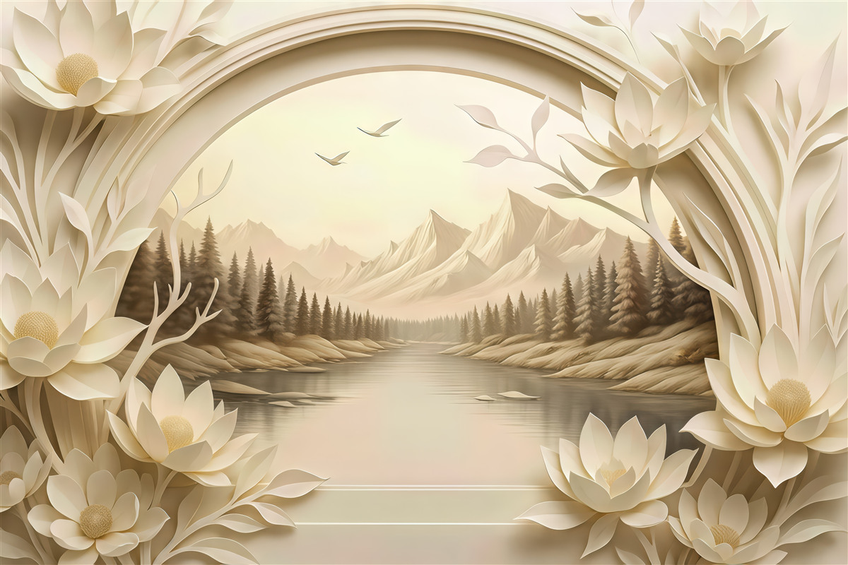 Fototapeta kremowe lotosy nad górskim jeziorem