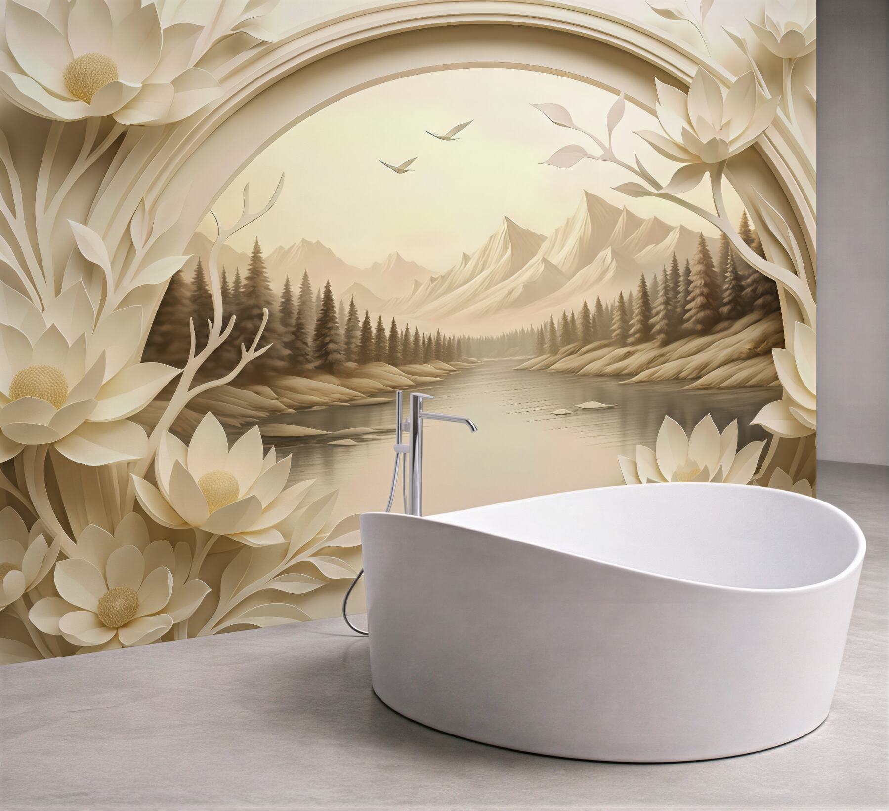 Fototapeta kremowe lotosy nad górskim jeziorem