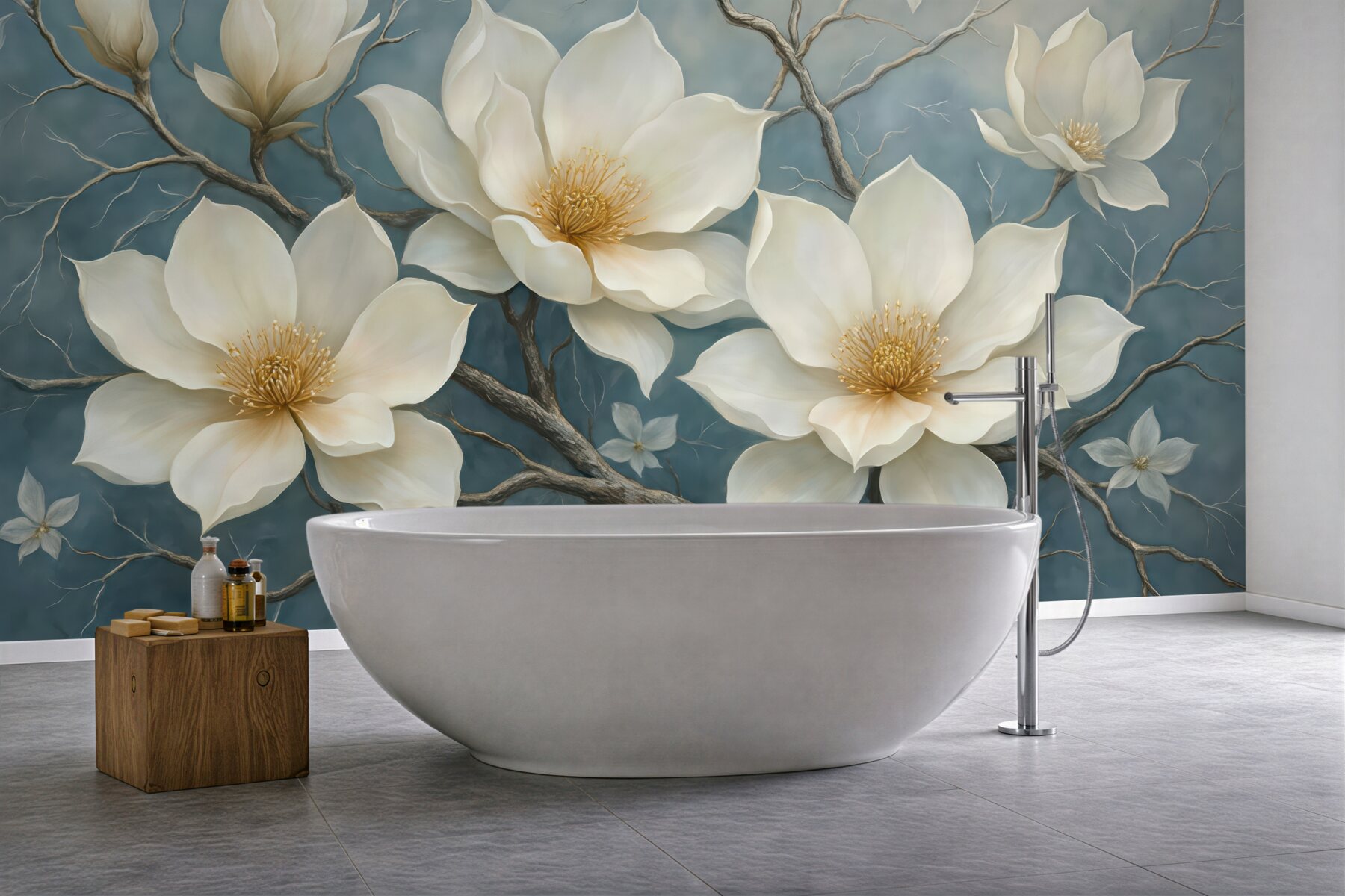 Fototapeta kremowe magnolie na błękitnych gałęziach