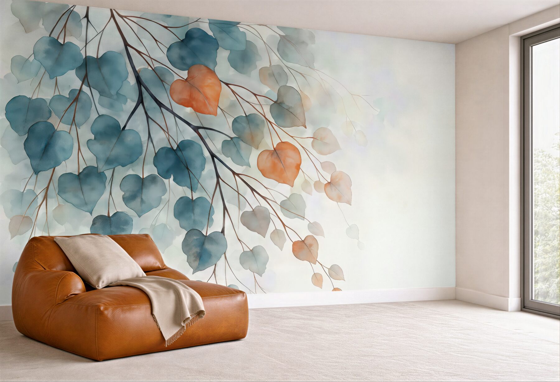 Fototapeta Gałązka z liśćmi przypomina rozmytą akwarelę.