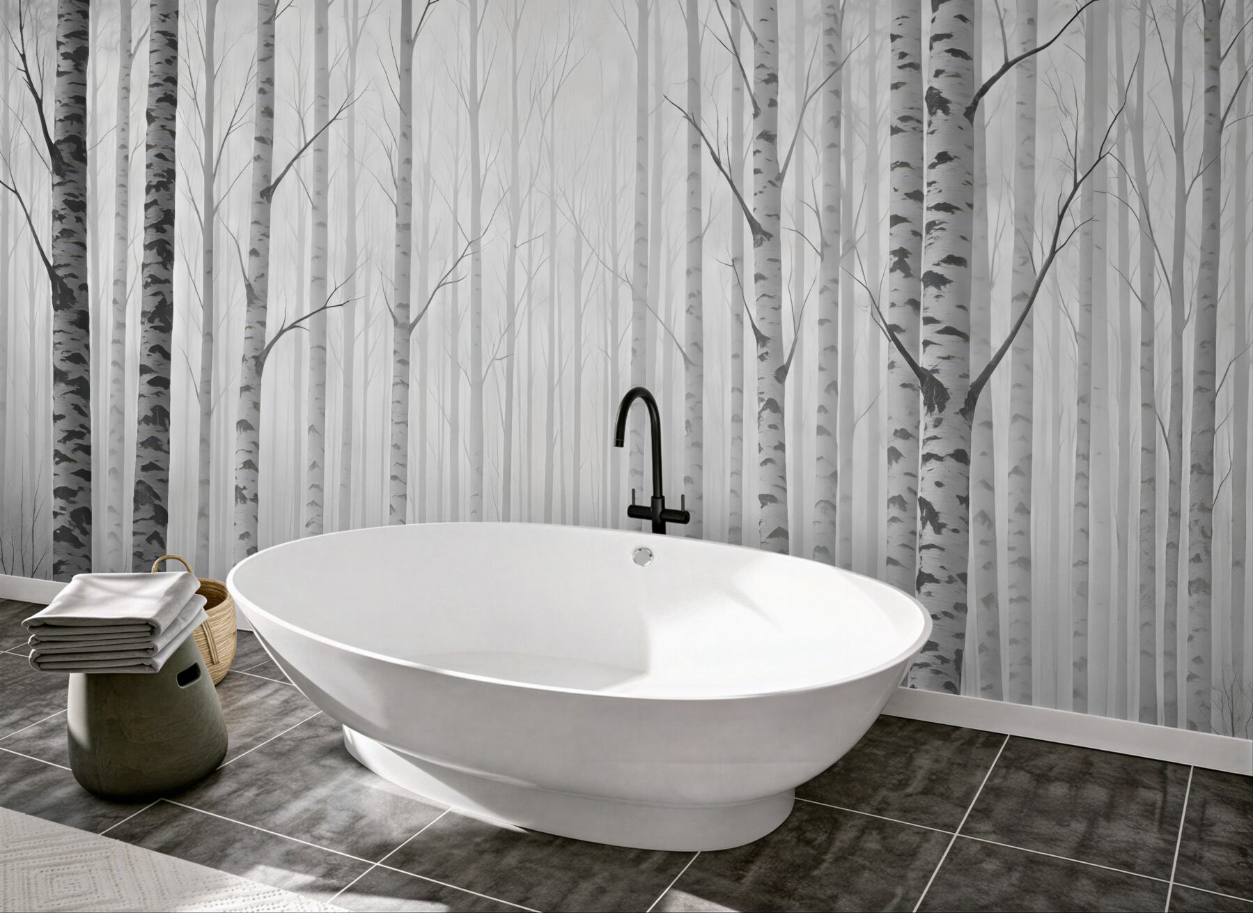 Fototapeta mglista brzozowa aleja w bieli