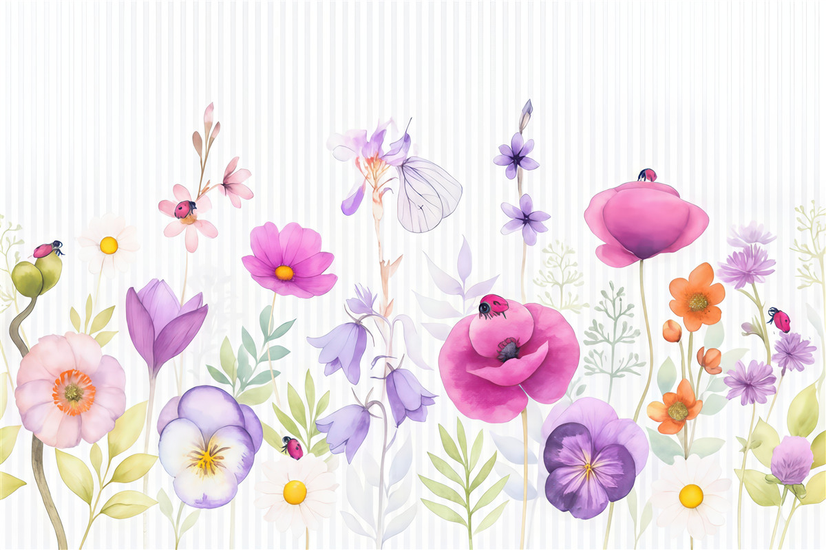 Fototapeta Jasne łąkowe kwiaty na tle w prążki.