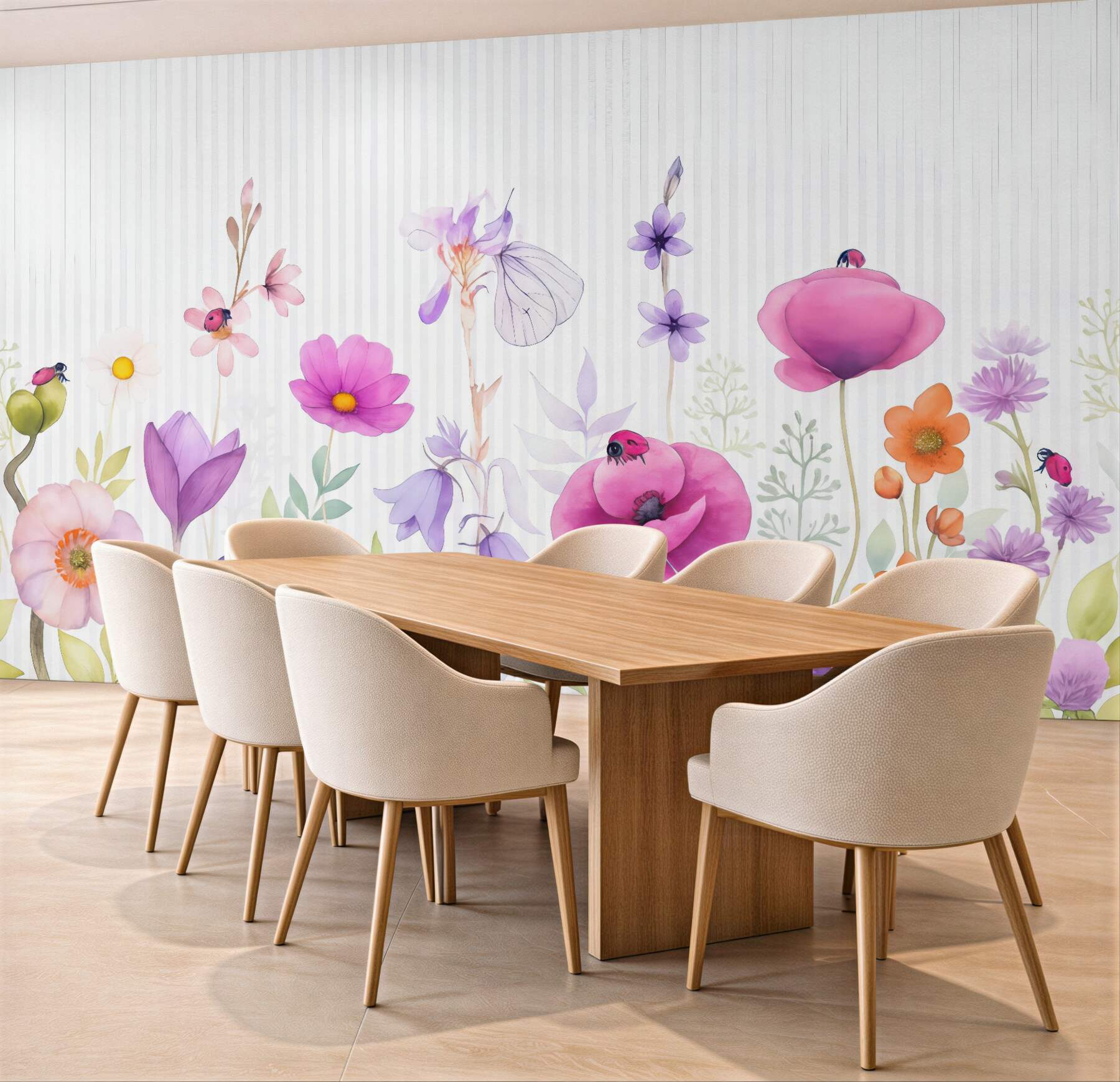 Fototapeta Jasne łąkowe kwiaty na tle w prążki.