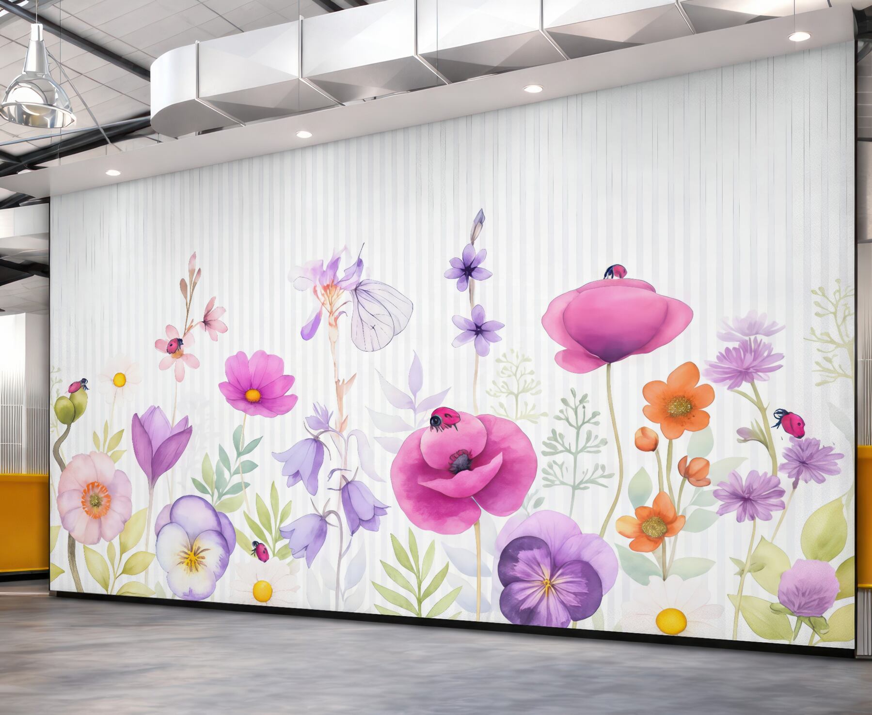 Fototapeta Jasne łąkowe kwiaty na tle w prążki.