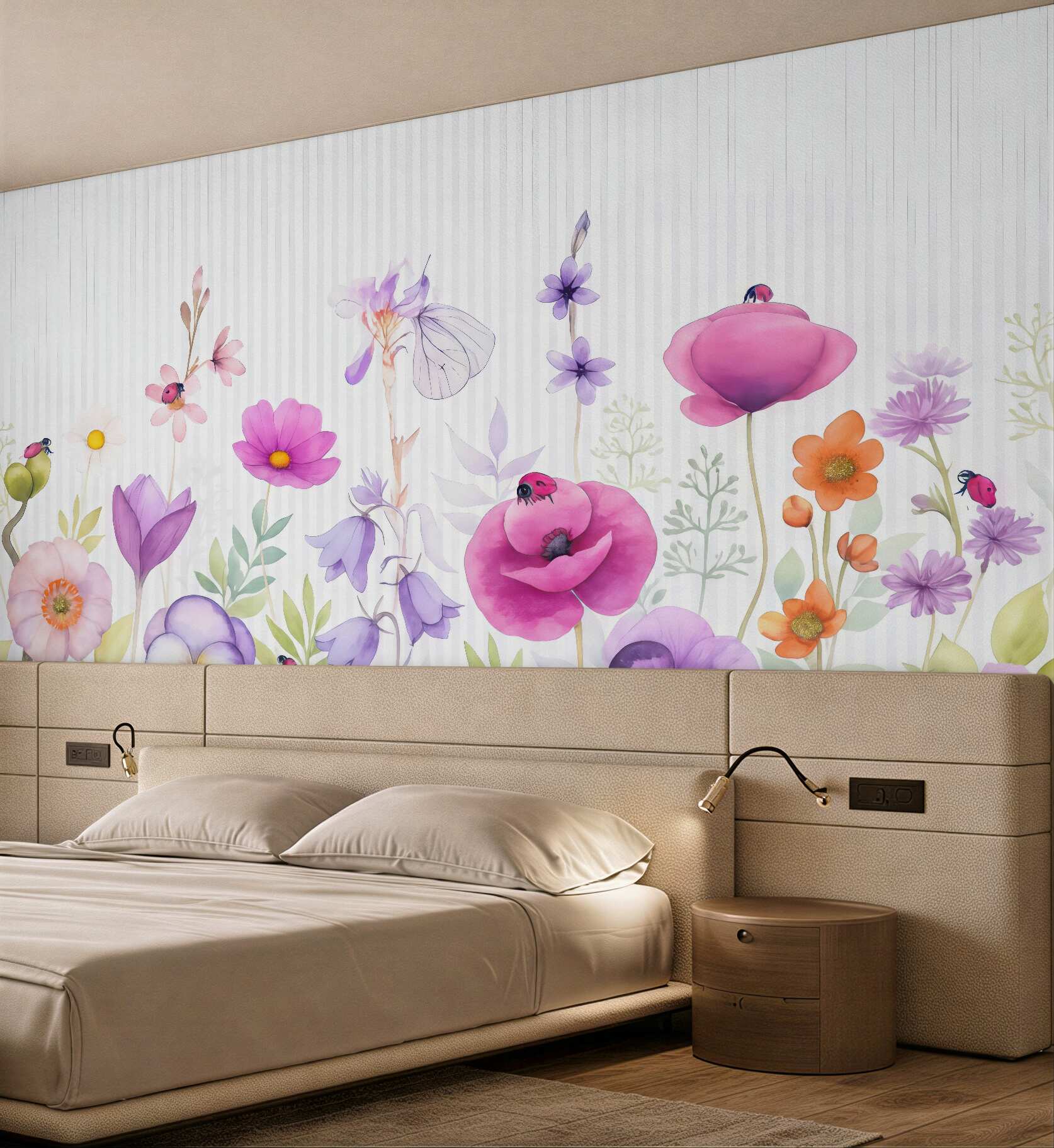 Fototapeta Jasne łąkowe kwiaty na tle w prążki.