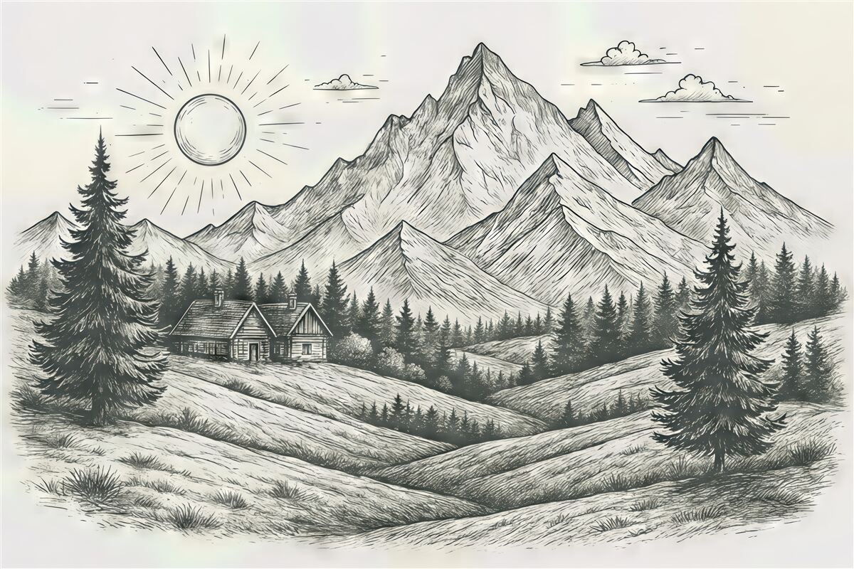 Fototapeta Obraz gór, pejzaże przyrody, las, drewniane chaty, zieleń.