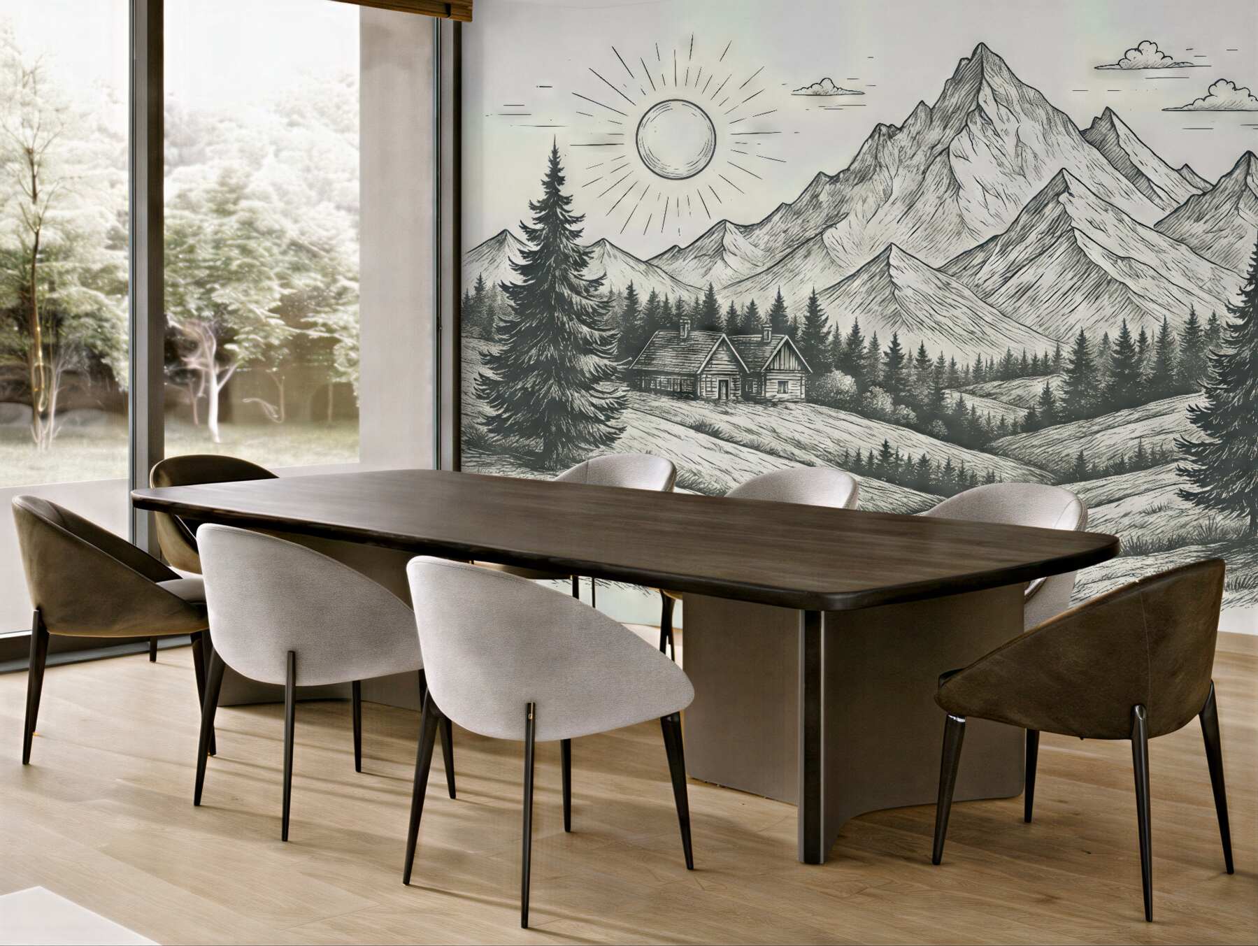 Fototapeta Obraz gór, pejzaże przyrody, las, drewniane chaty, zieleń.