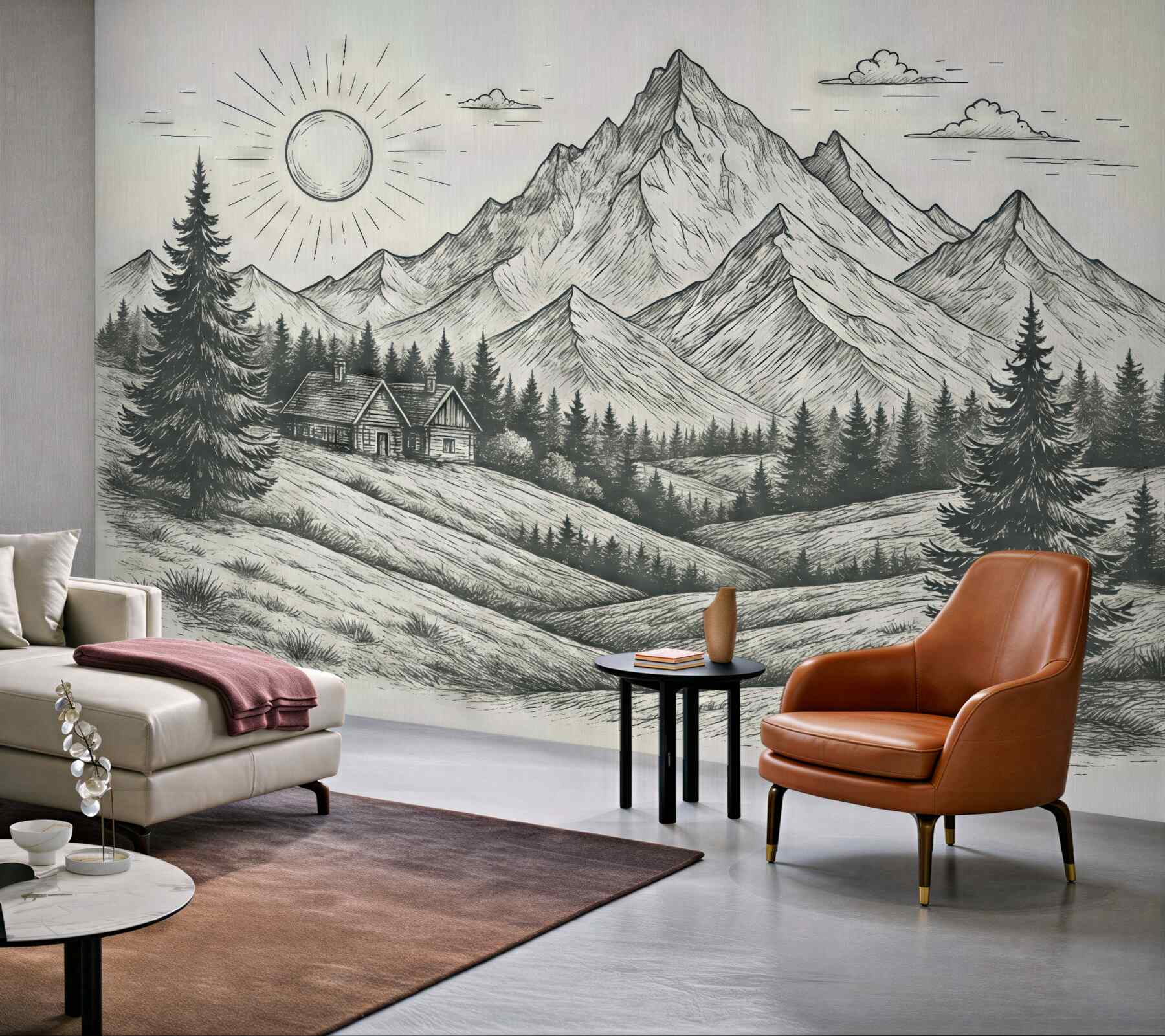 Fototapeta Obraz gór, pejzaże przyrody, las, drewniane chaty, zieleń.