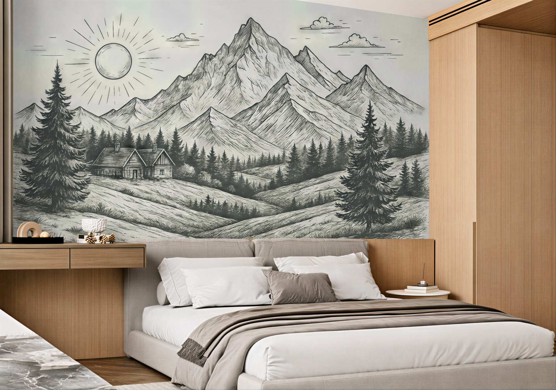 Fototapeta Obraz gór, pejzaże przyrody, las, drewniane chaty, zieleń.