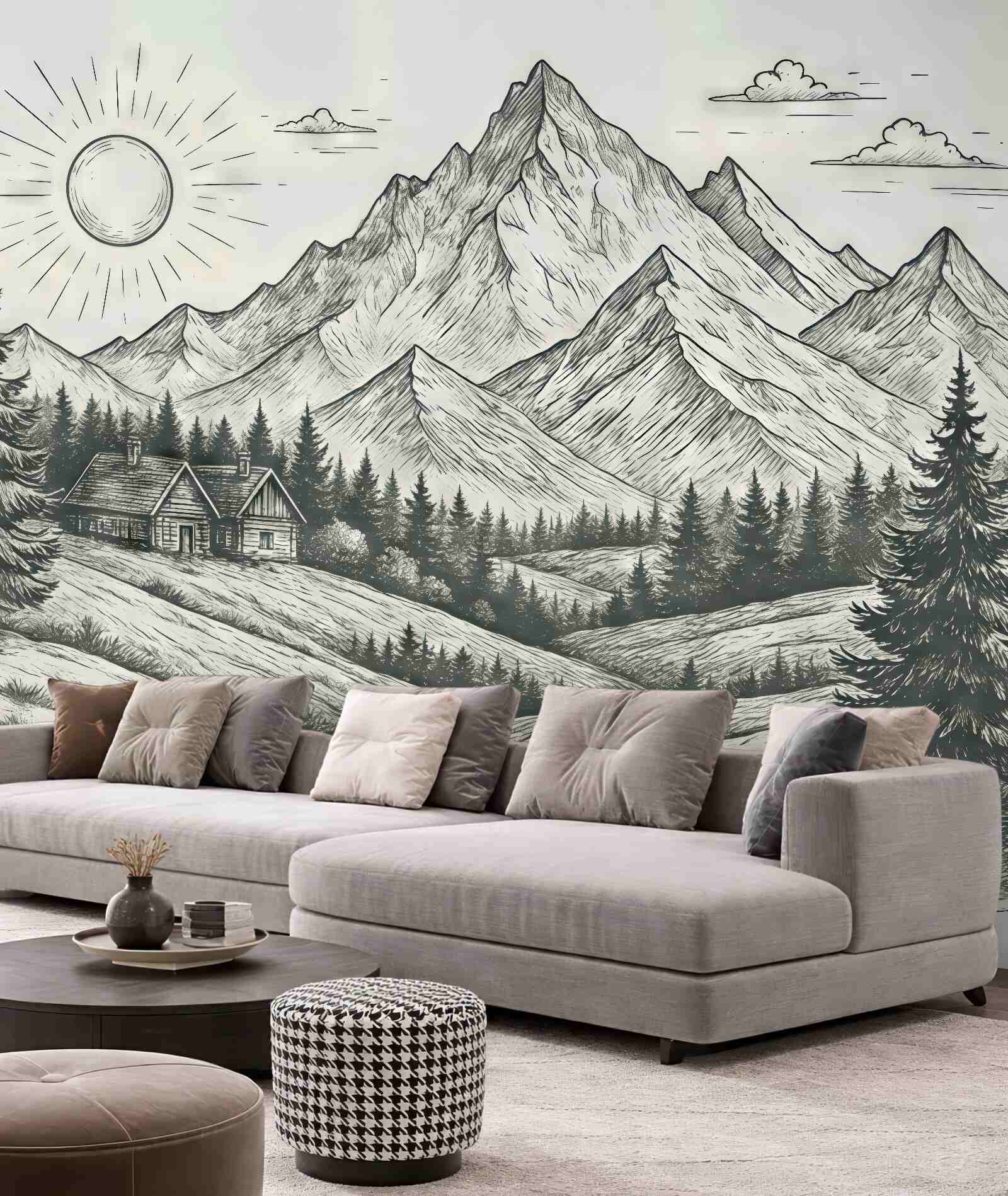 Fototapeta Obraz gór, pejzaże przyrody, las, drewniane chaty, zieleń.