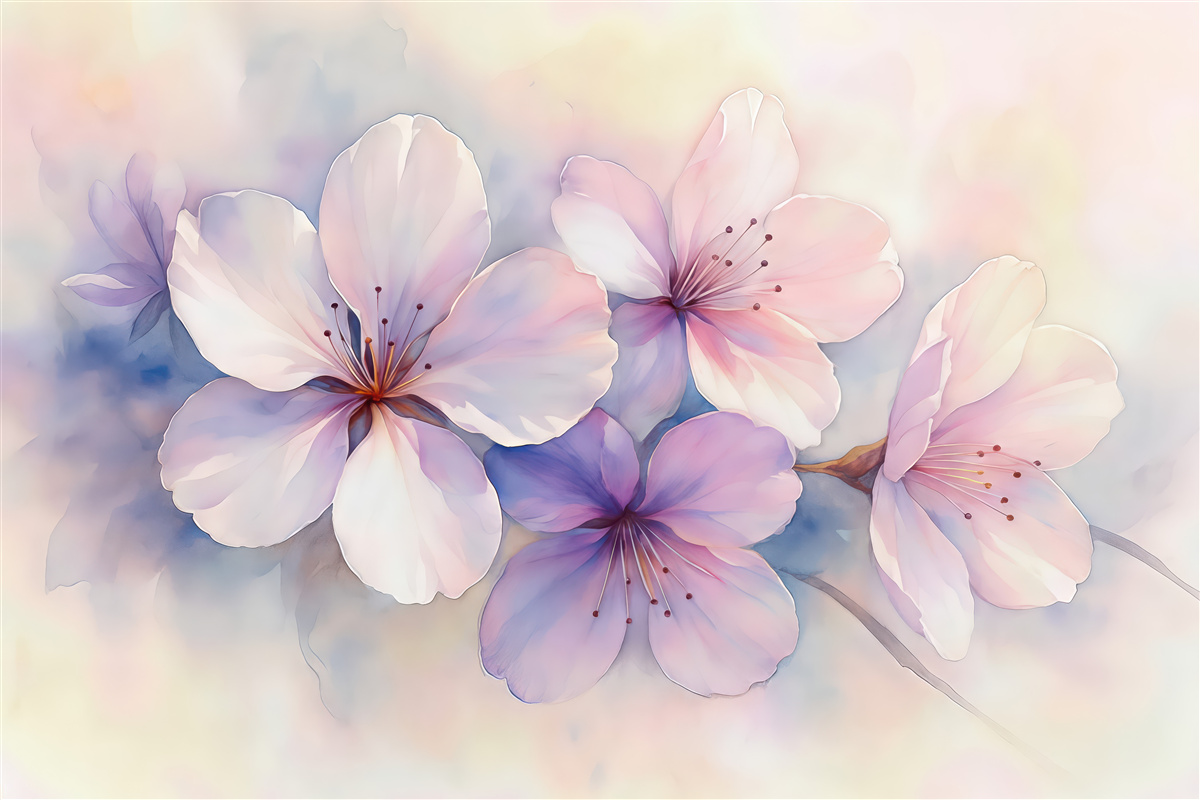 Fototapeta Subtelna gałązka z kwiatami w stylu malarskim akwarelowym.