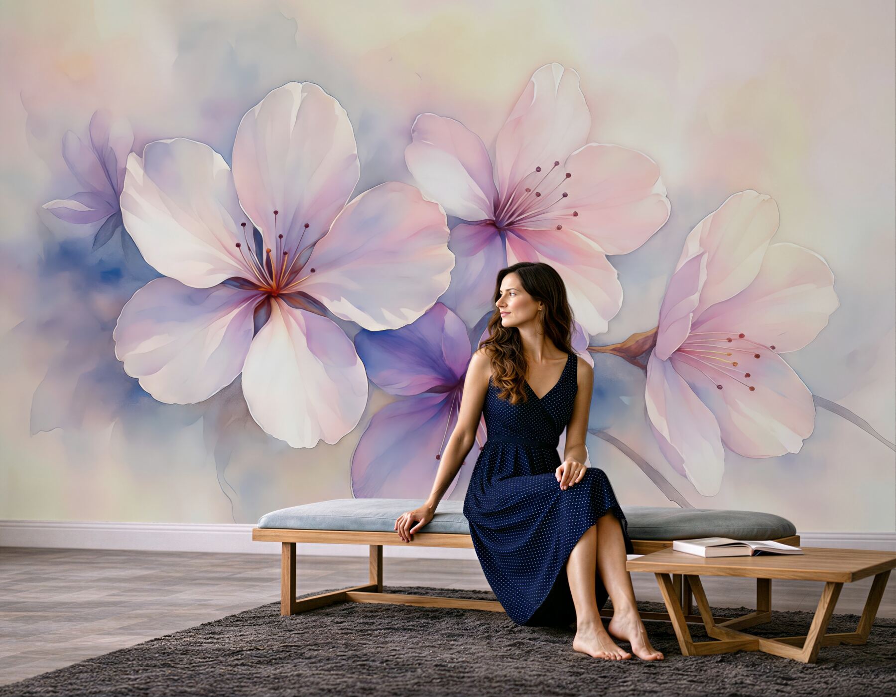 Fototapeta Subtelna gałązka z kwiatami w stylu malarskim akwarelowym.