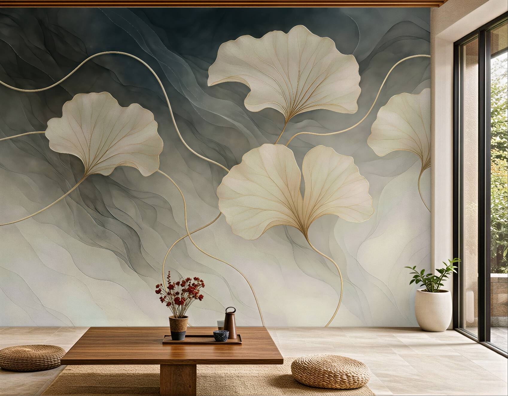 Fototapeta złote liście miłorzębu na artystycznej mgle