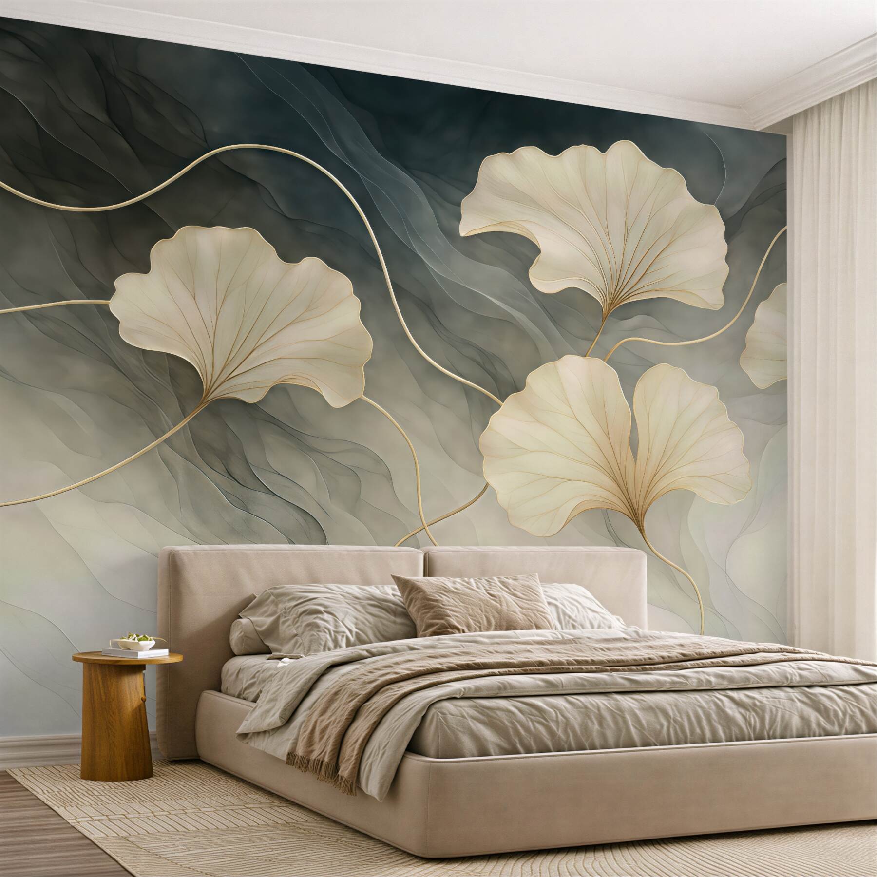 Fototapeta złote liście miłorzębu na artystycznej mgle