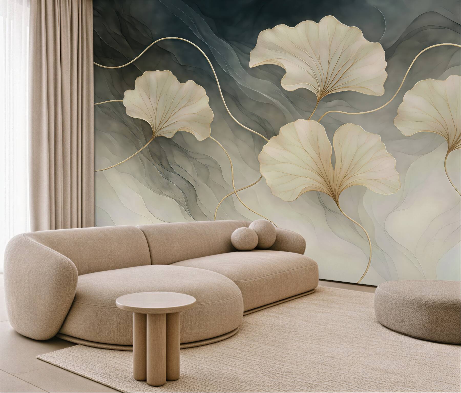 Fototapeta złote liście miłorzębu na artystycznej mgle