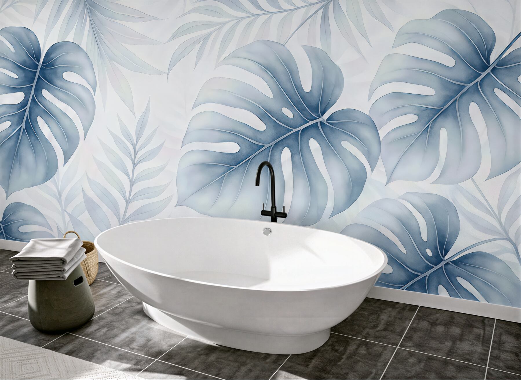 Fototapeta błękitne liście monstery w subtelnej kompozycji