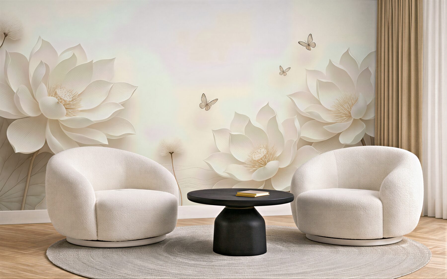 Fototapeta Kwiaty lotosu z motylami unoszącymi się nad wodą.