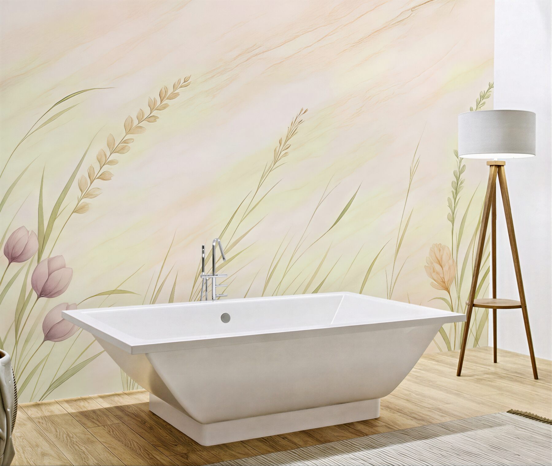 Fototapeta subtelna łąka z pastelowymi tulipanami