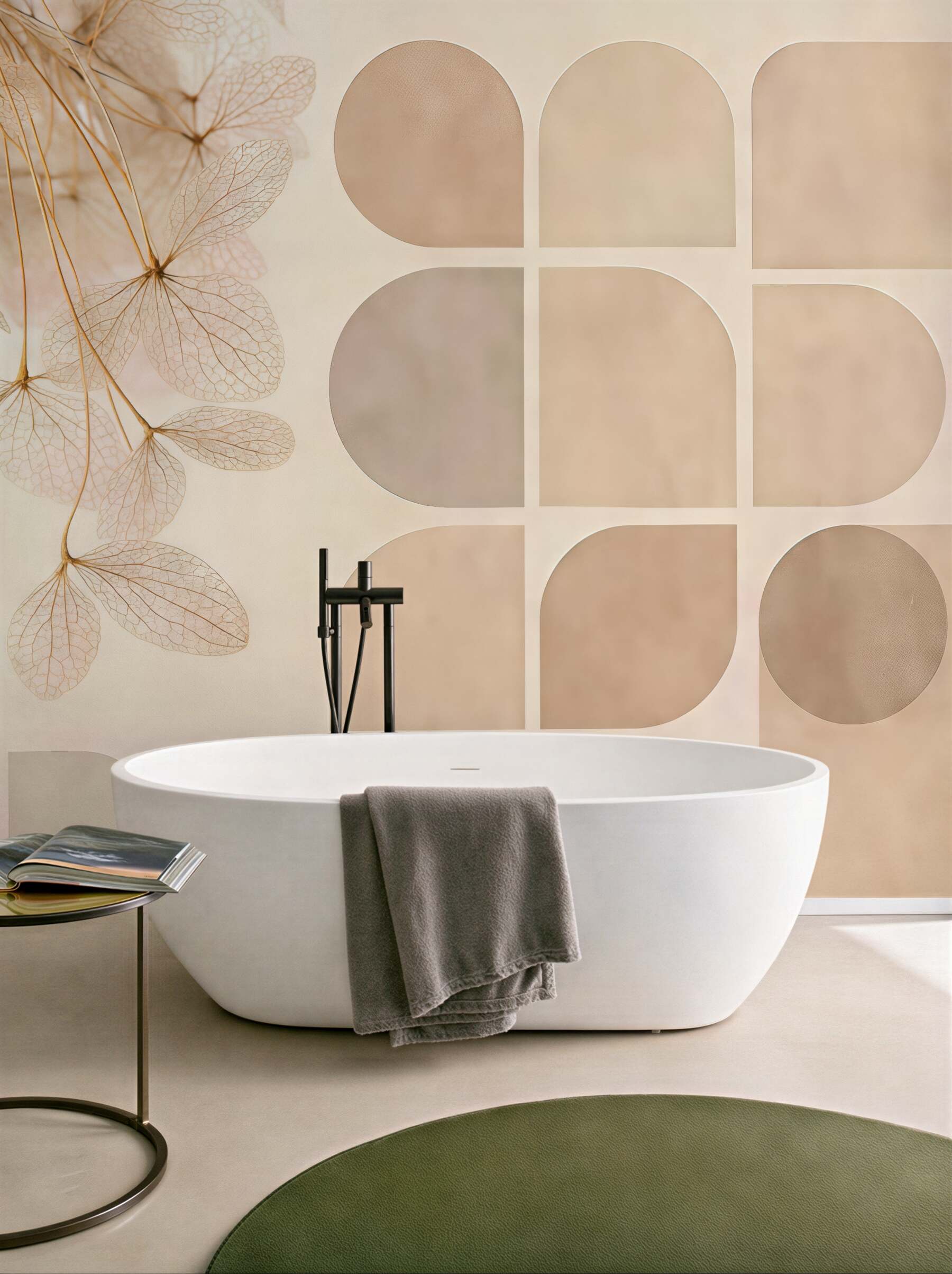 Fototapeta beżowa geometria z subtelnymi liśćmi