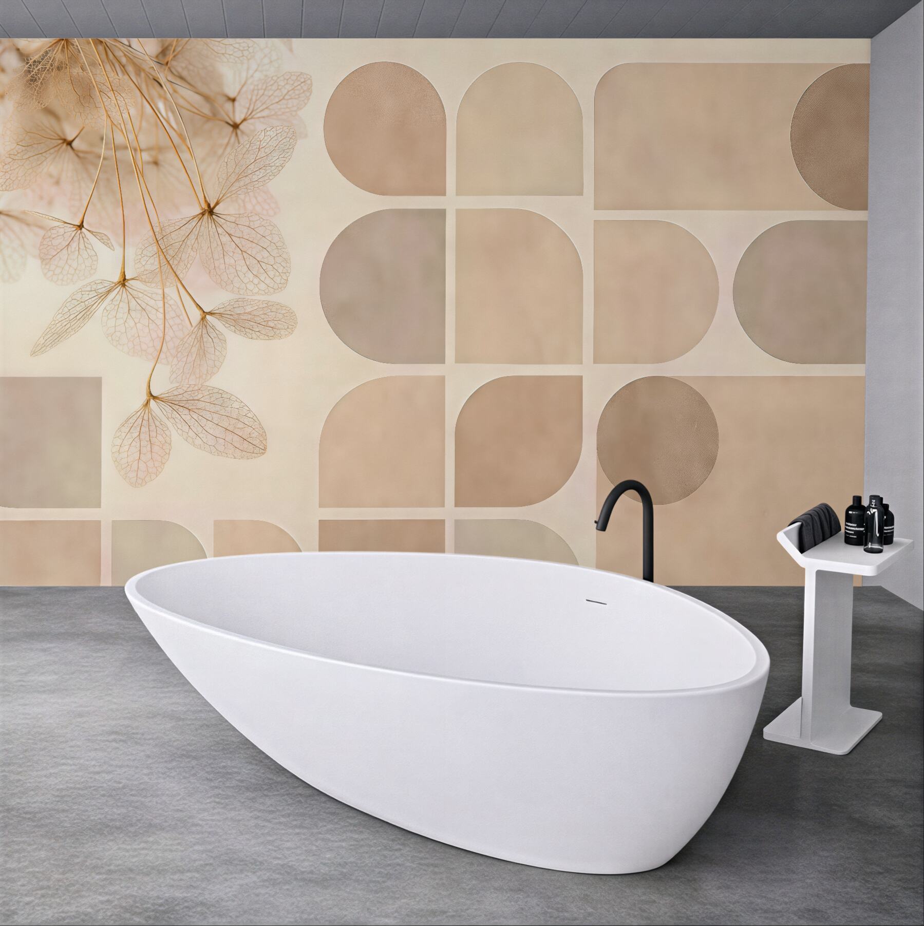 Fototapeta beżowa geometria z subtelnymi liśćmi
