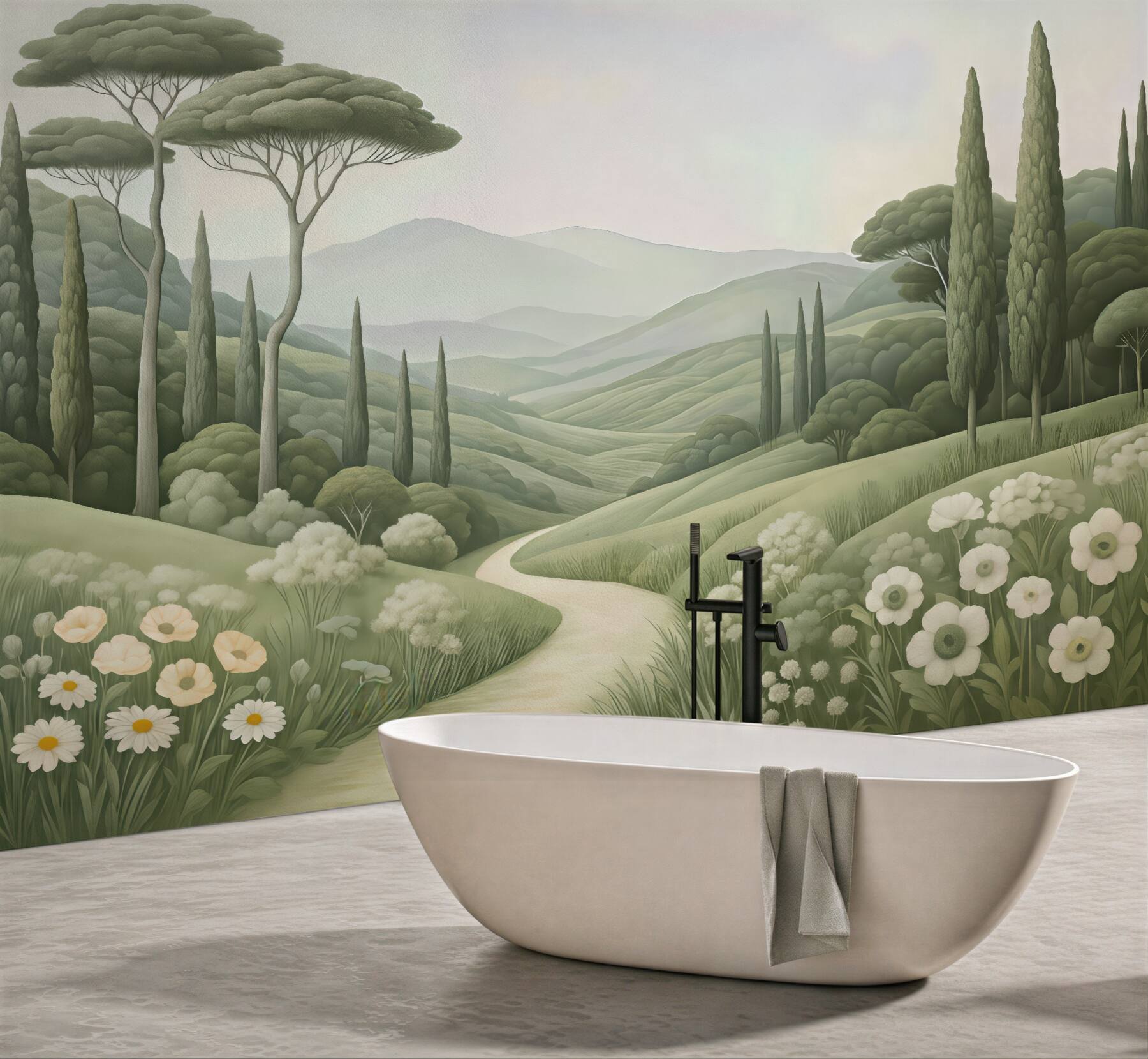 Fototapeta baśniowa dolina z cyprysami i kwiatami