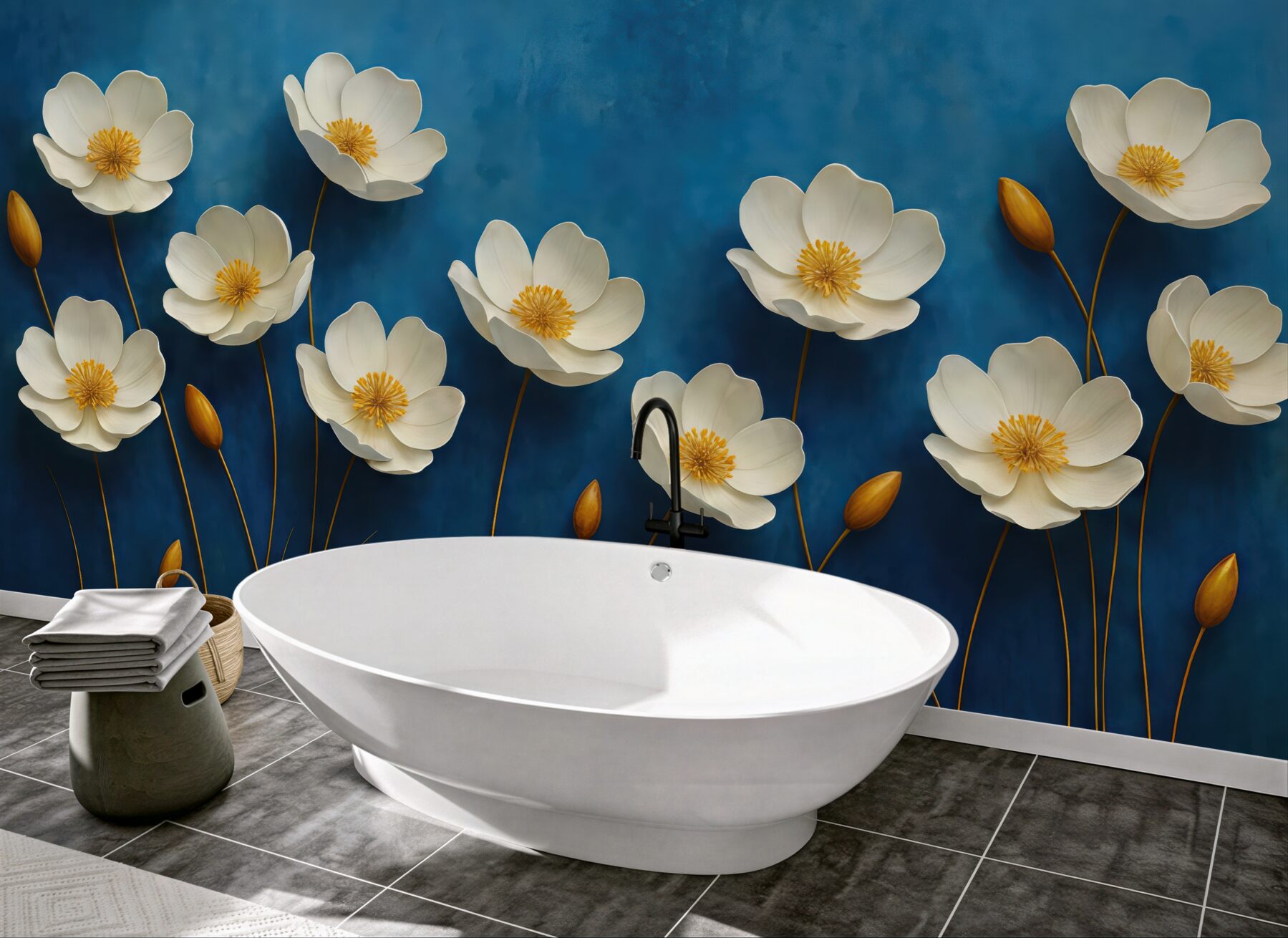 Fototapeta białe kwiaty na szafirowym tle