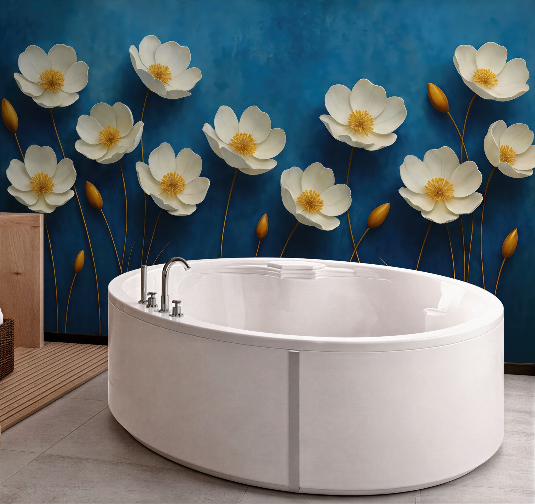 Fototapeta białe kwiaty na szafirowym tle