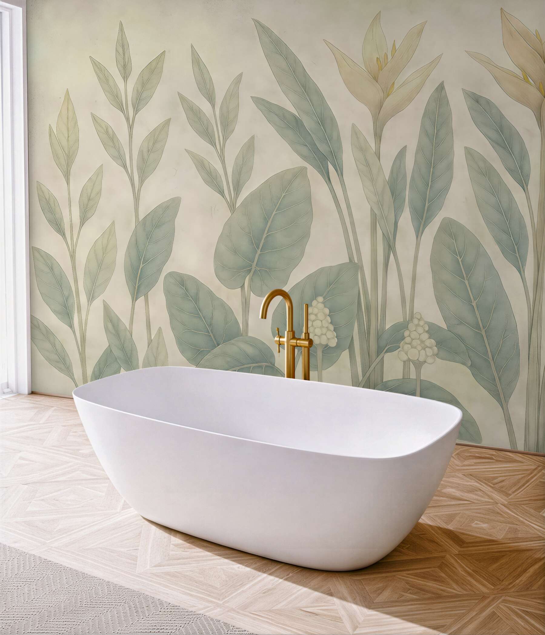 Fototapeta pastelowe liście i egzotyczne kwiaty