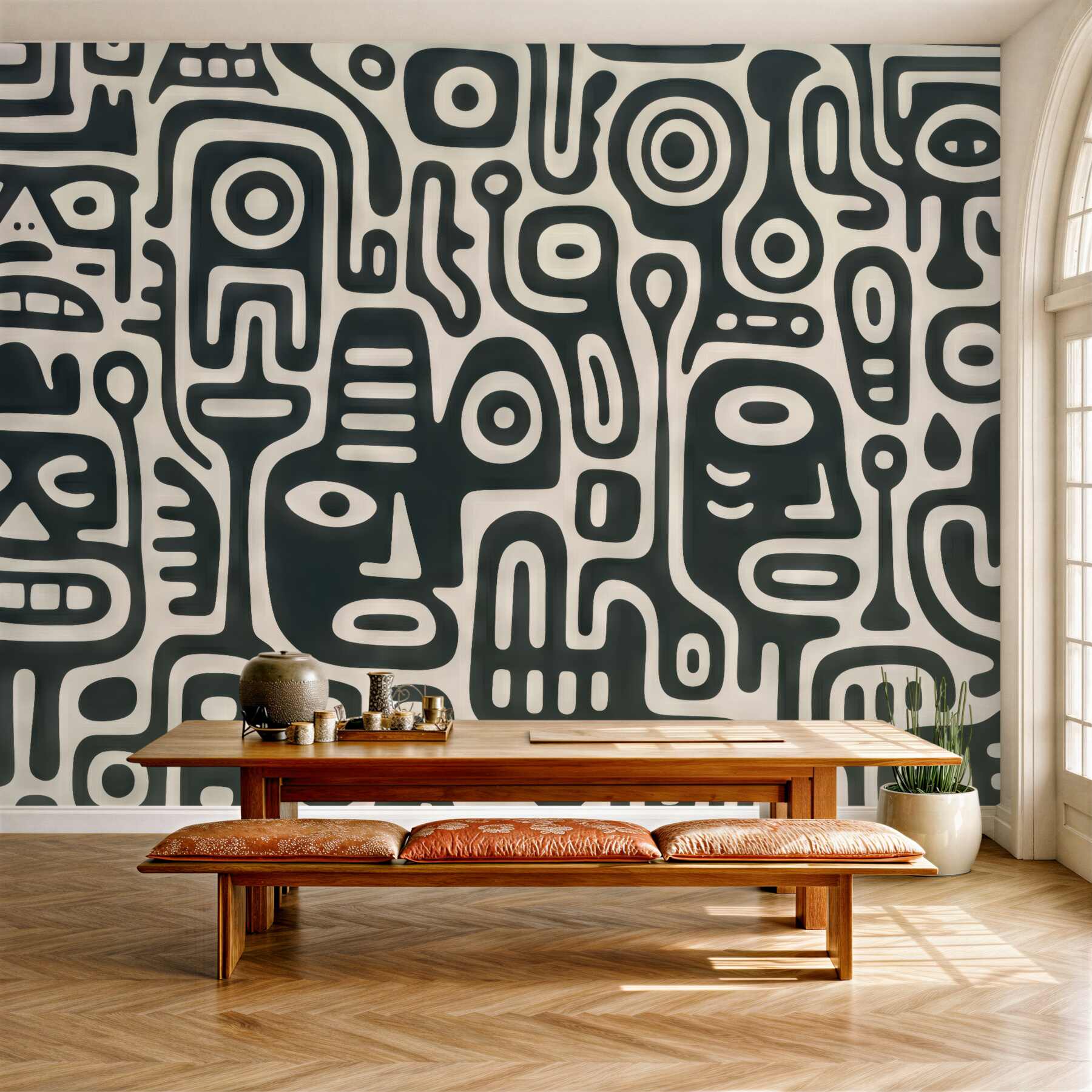 Fototapeta Szare malowidło na beżowym tle.