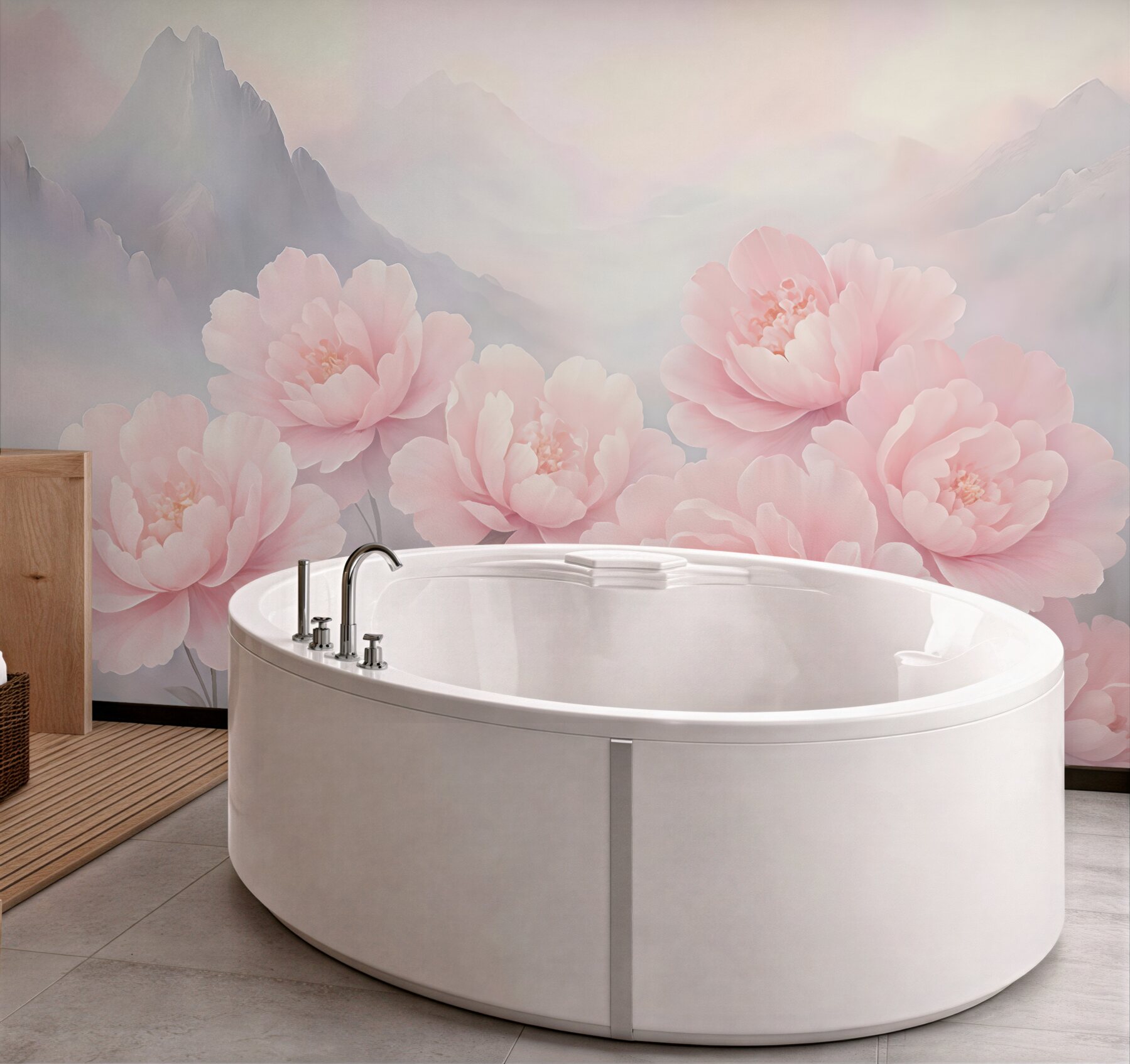 Fototapeta pudrowe piwonie na tle gór