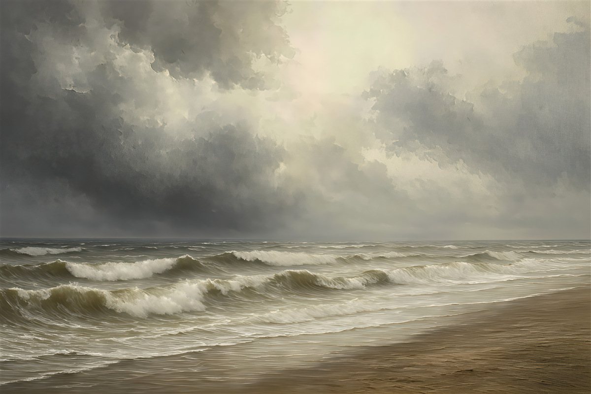 Fototapeta Morze w opadach, tonacje szarości i beżu, nastrojowa aranżacja.